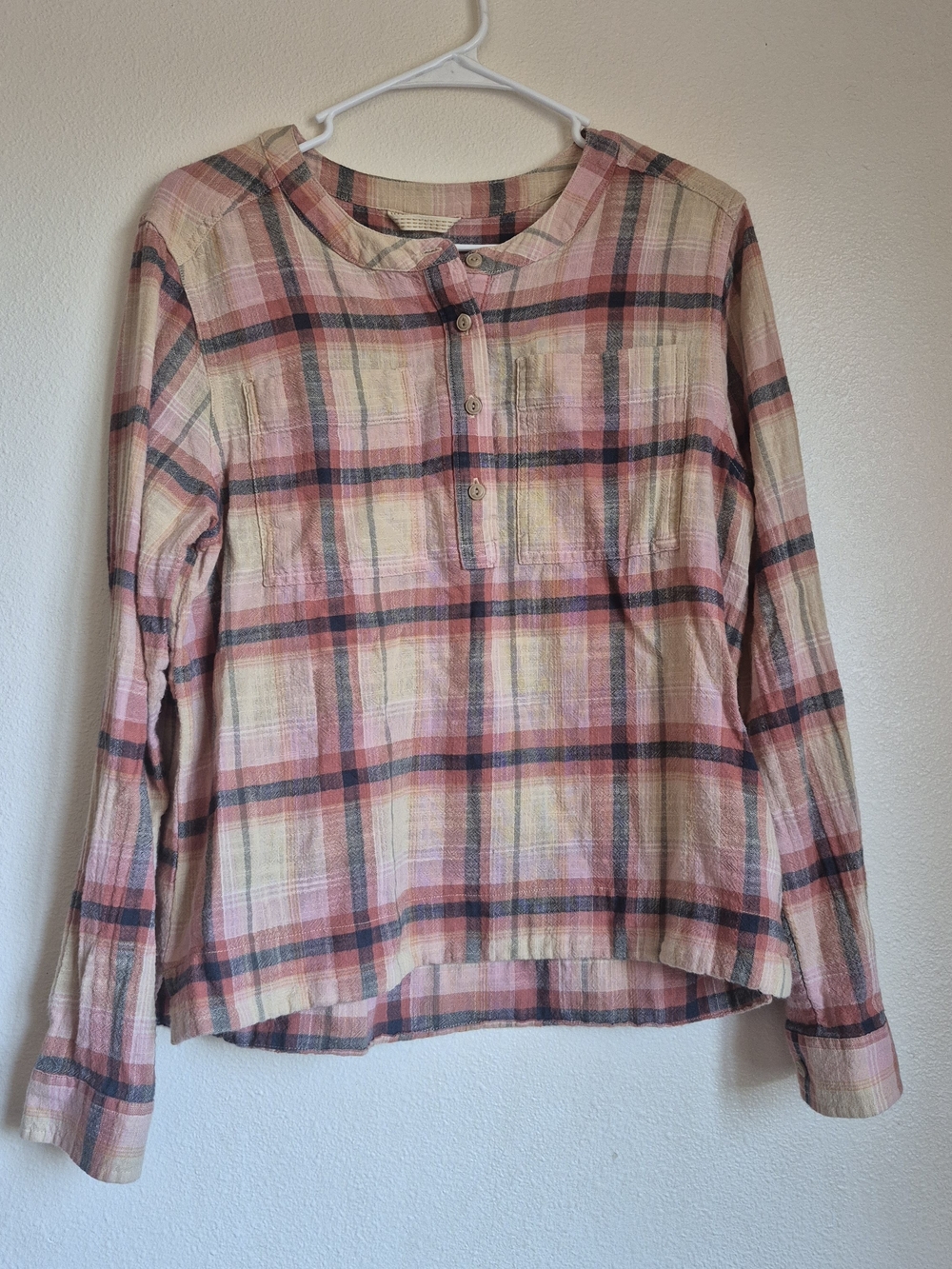 L.L.Bean Pink and Cream Plaid Henley Shirt